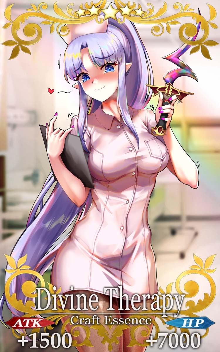 1girl alternate_costume blue_eyes blurry blurry_background blush breasts card_(medium) caster_lily clipboard commentary_request craft_essence dress eyebrows_visible_through_hair fate/grand_order fate_(series) foxy_rain hat heart highres holding holding_clipboard holding_knife hospital knife long_hair long_ponytail looking_at_viewer medium_breasts nail_polish nurse nurse_cap pantyhose parody pink_dress pointy_ears ponytail purple_hair purple_nails rulebreaker short_dress smile solo very_long_hair