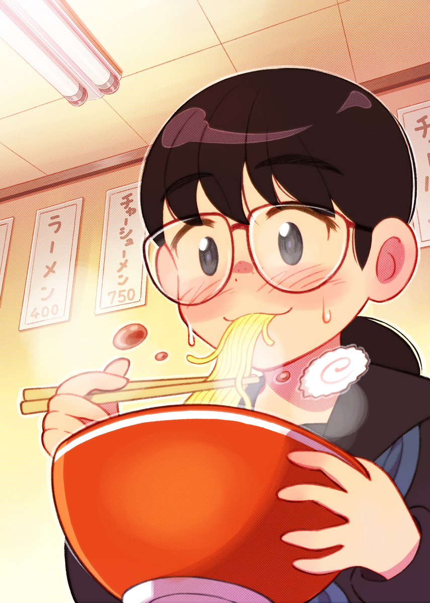 1girl 49s-aragon bangs black_hair blush bow bowl ceiling ceiling_light chopsticks eating eyebrows_visible_through_hair food from_below glasses grey_eyes halftone highres holding holding_bowl holding_chopsticks indoors jimiko kamaboko narutomaki noodles original red_bow smile solo steam sweatdrop tile_ceiling tiles upper_body
