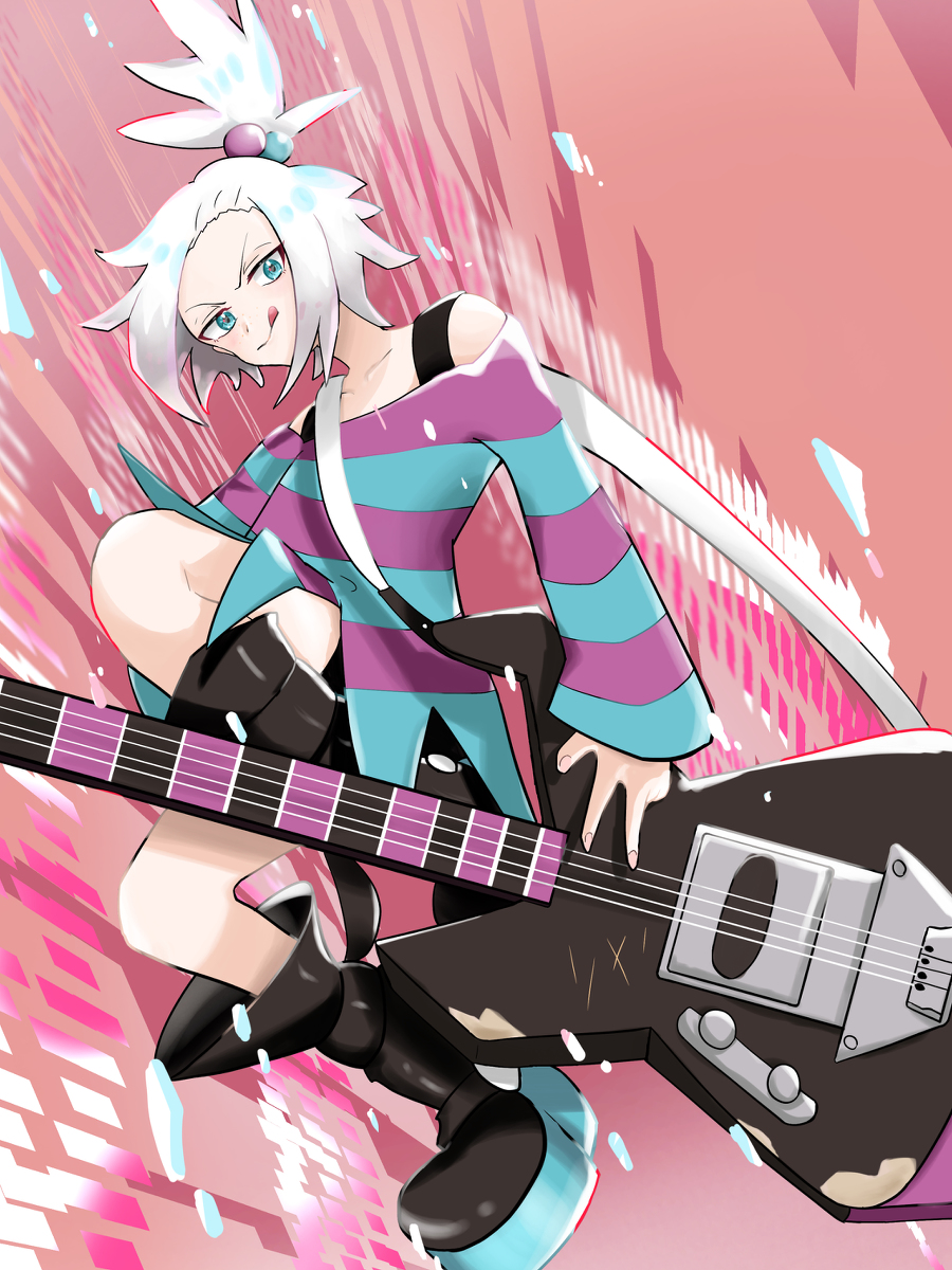 1girl :p bass_guitar blue_eyes boots dress freckles gym_leader hair_bobbles hair_ornament highres homika_(pokemon) instrument jumping looking_at_viewer pokemon pokemon_(game) pokemon_bw2 solo strapless strapless_dress striped striped_dress surumeika_(ninfiiiir) tied_hair tongue tongue_out white_hair