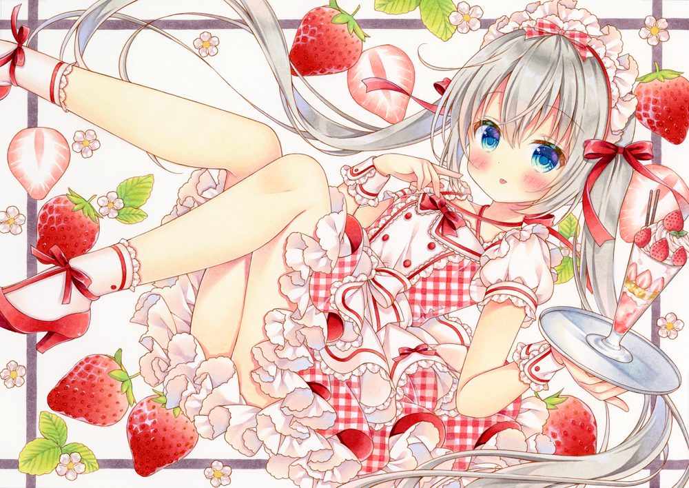 1girl aqua_eyes blush commentary criss-cross_halter double-breasted dress feet_out_of_frame flower food frilled_dress frilled_legwear frills fruit fruit_background hair_ribbon halterneck high_heels holding holding_tray legs_up long_hair looking_at_viewer maid_headdress marker_(medium) original parfait petticoat plaid plaid_dress puffy_sleeves puu_(kari---ume) reclining red_dress red_footwear red_ribbon ribbon shoes silver_hair socks solo strawberry strawberry_blossoms symbol_commentary tongue tongue_out traditional_media tray twintails very_long_hair waitress white_background white_legwear wrist_cuffs