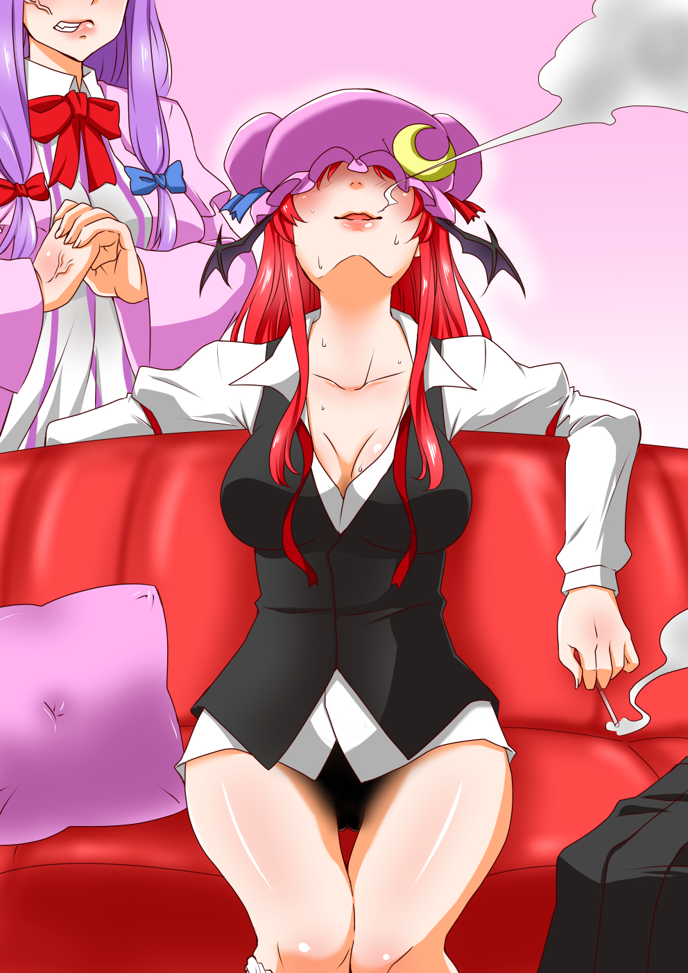 2girls anger_vein angry bat_wings blush cigarette couch cracking_knuckles demon_girl hat head_wings highres koakuma long_hair long_sleeves multiple_girls no_panties open_clothes patchouli_knowledge purple_hair red_neckwear redhead shiraue_yuu smile smoking touhou very_long_hair wings
