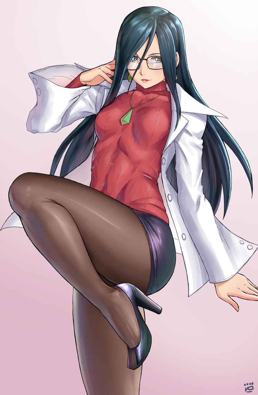 1girl black_hair black_legwear commentary_request earrings finalcake glasses green_eyes high_heels highres jewelry labcoat leg_up minazuki_kyouko necklace pantyhose pencil_skirt purple_skirt red_sweater ribbed_sweater rival_schools skirt solo sweater turtleneck