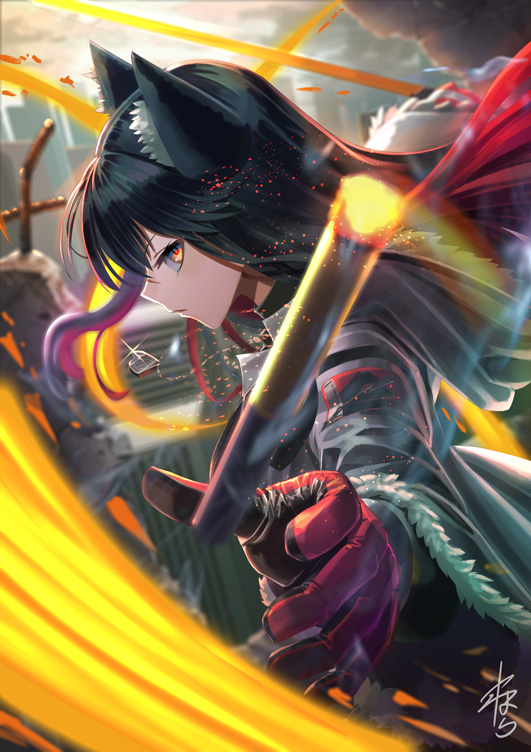 1girl animal_ears arknights black_hair black_shirt blurry blurry_background broken_wall cigarette city closed_mouth clouds cloudy_sky day depth_of_field embers foreshortening fur-trimmed_jacket fur_trim glint gloves glowing glowing_sword glowing_weapon heart heart_necklace hood hooded_jacket jacket jewelry long_hair looking_at_viewer multicolored_hair necklace orange_eyes outdoors profile red_gloves redhead shirt signature sky slashing solo straight_hair texas_(arknights) turtleneck two-tone_hair weapon white_jacket wind wolf_ears yamahara