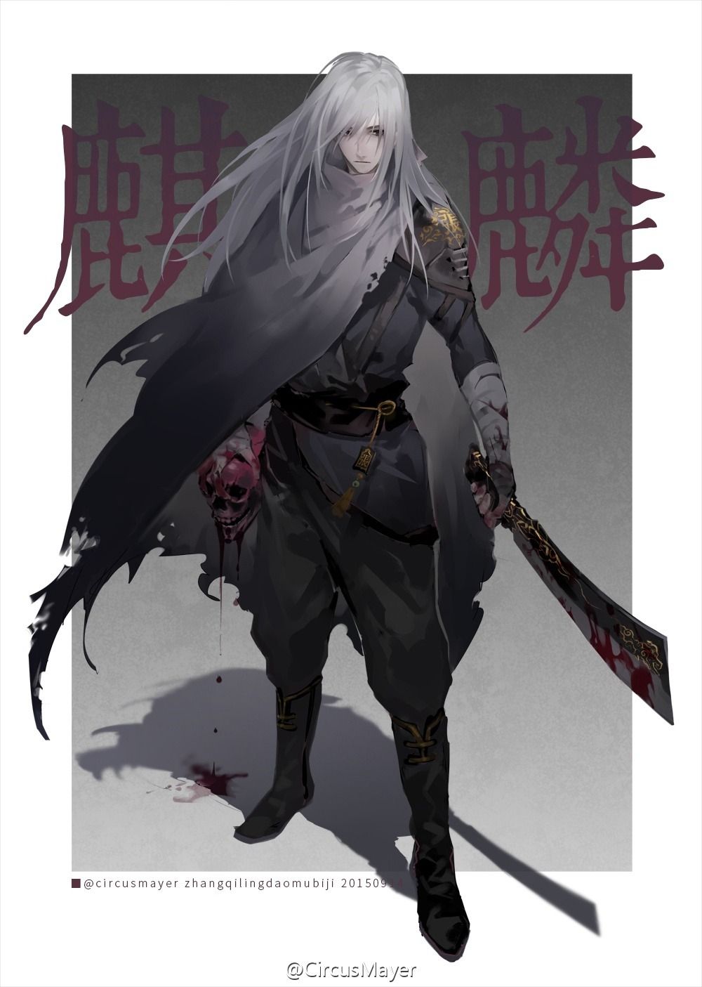 1boy bandaged_arm bandages black_eyes blood bloody_hands cleaver cloak closed_mouth dripping english_text grey_cloak grey_hair highres holding holding_skull holding_weapon long_hair male_focus mayer original pauldrons skull solo source_request standing torn_clothes weapon