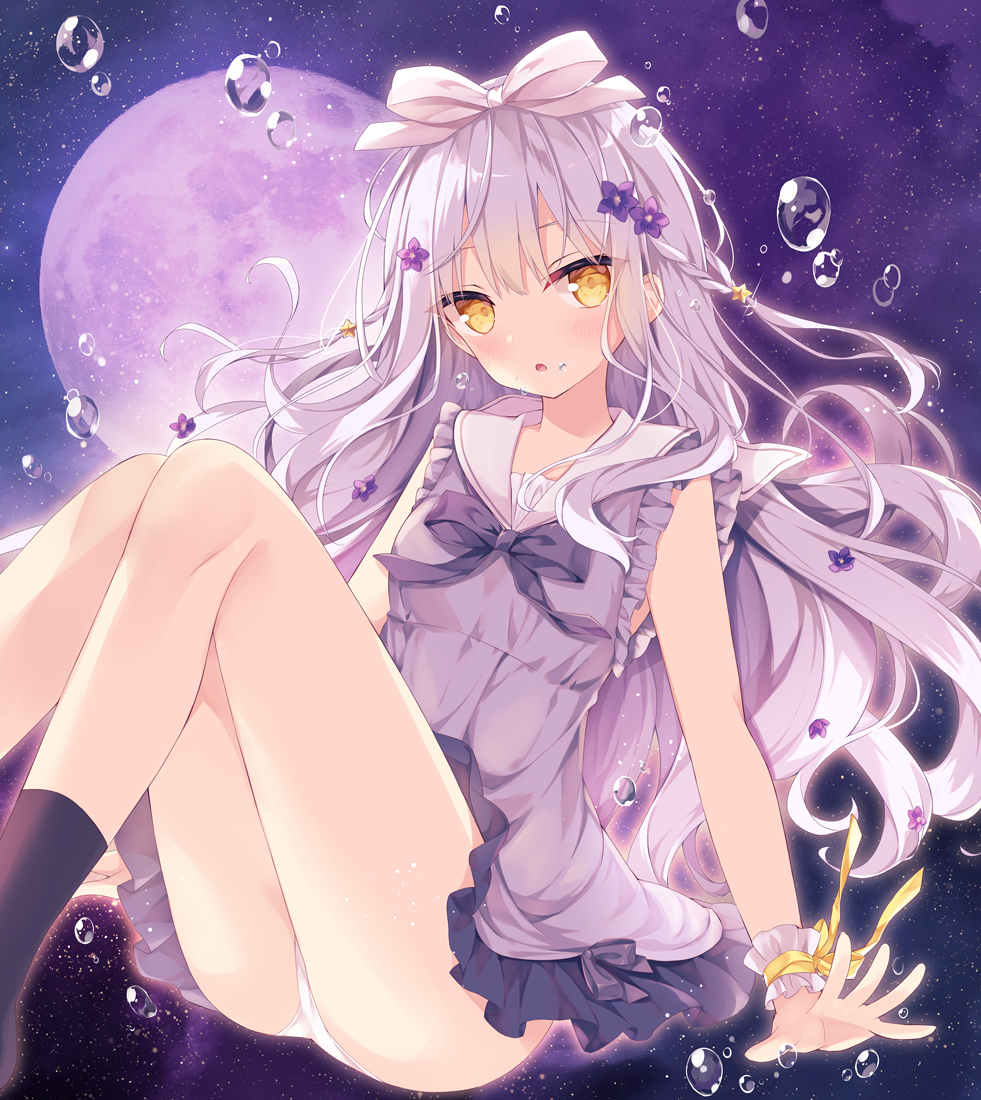 1girl air_bubble ass bangs bare_shoulders black_bow black_legwear bow braid bubble commentary_request dress eyebrows_visible_through_hair feet_out_of_frame flower frilled_dress frills full_moon grey_dress grey_hair hair_bow hair_flower hair_ornament hoshi_(snacherubi) knees_up long_hair looking_at_viewer moon original panties parted_lips personification purple_flower sailor_collar sailor_dress sleeveless sleeveless_dress socks solo star star_hair_ornament thighs underwear very_long_hair white_bow white_panties white_sailor_collar wrist_cuffs yellow_eyes