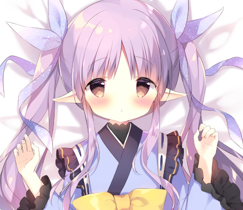 1girl bangs bed_sheet blue_kimono blue_ribbon blush bow brown_eyes closed_mouth hair_ribbon hands_up hikawa_kyouka japanese_clothes kimono long_hair long_sleeves looking_at_viewer parted_bangs pointy_ears princess_connect! princess_connect!_re:dive purple_hair ribbon ribbon_trim shiratama_(shiratamaco) solo twintails upper_body wide_sleeves yellow_bow