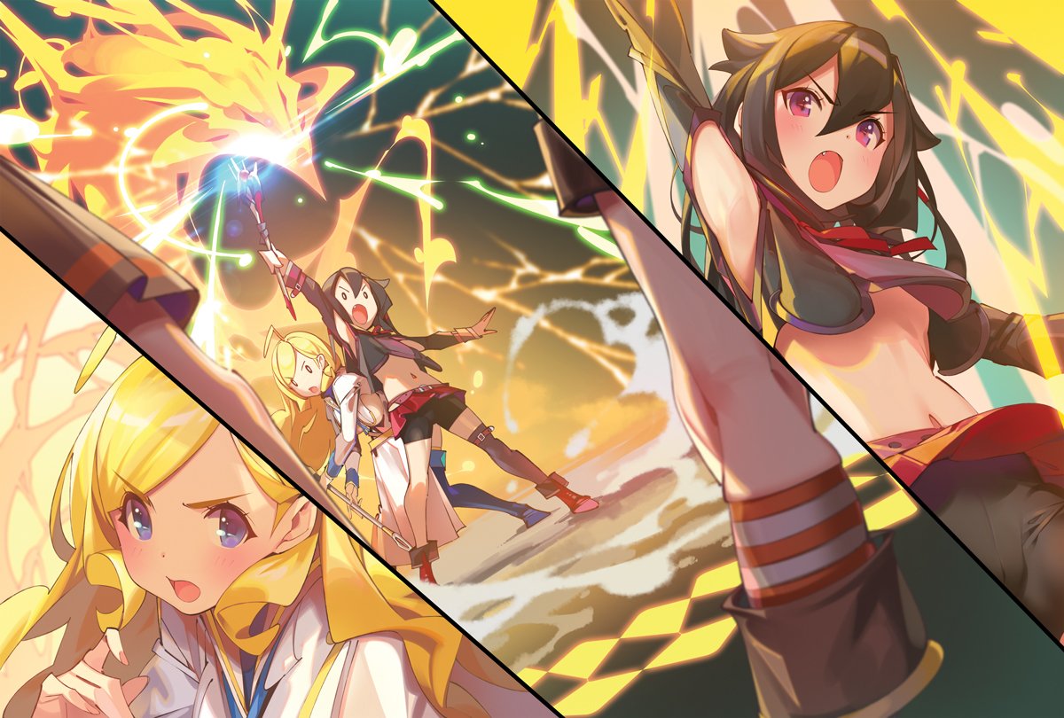 4girls :o ahoge ankle_boots arm_up belt bike_shorts black_hair blonde_hair blue_eyes blush boots breasts crop_top dress electricity flat_chest hagure_madou_kyoushi_no_unlimited_eiyuu_houteishiki hair_between_eyes hair_flaps holding kneepits large_breasts lily_hilton long_hair long_sleeves looking_at_viewer magic midriff multiple_girls multiple_views navel novel_illustration official_art open_mouth outstretched_arms pop_kyun rosa_wild short_hair shorts shorts_under_skirt single_thighhigh standing thigh-highs v-shaped_eyebrows violet_eyes white_dress