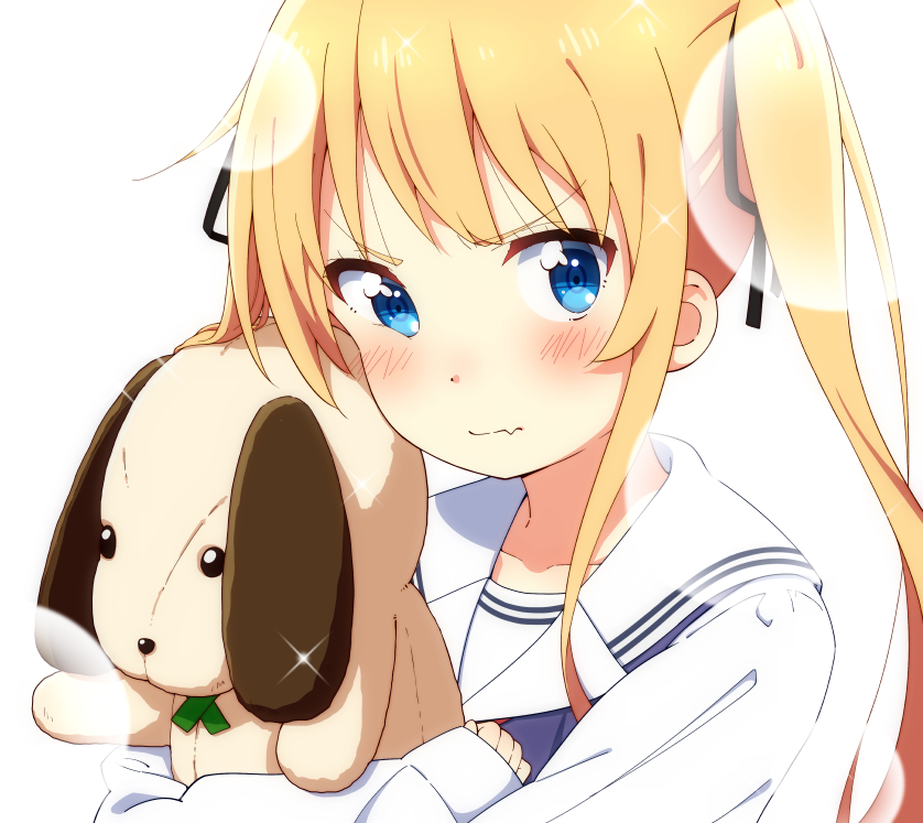 1girl bangs black_ribbon blonde_hair blue_eyes blue_vest blush closed_mouth eyebrows_visible_through_hair fang fang_out hair_ribbon jabittoson long_hair long_sleeves looking_at_viewer object_hug ribbon saenai_heroine_no_sodatekata sailor_collar sawamura_spencer_eriri shirt sidelocks simple_background sleeves_past_wrists solo stuffed_animal stuffed_dog stuffed_toy twintails upper_body v-shaped_eyebrows vest white_background white_sailor_collar white_shirt