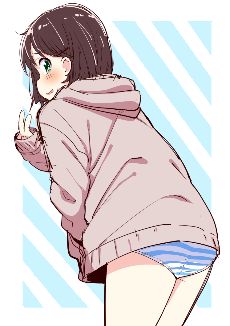 1girl a-1_pictures ass bikini bikini_bottom blush brown_hair brown_hoodie diagonal_stripes green_eyes hand_up hood hood_down hoodie jabittoson kadokawa_shoten katou_megumi leaning_forward long_sleeves no_pants panties parted_lips profile saenai_heroine_no_sodatekata sketch sleeves_past_wrists solo square_enix striped striped_background striped_panties underwear