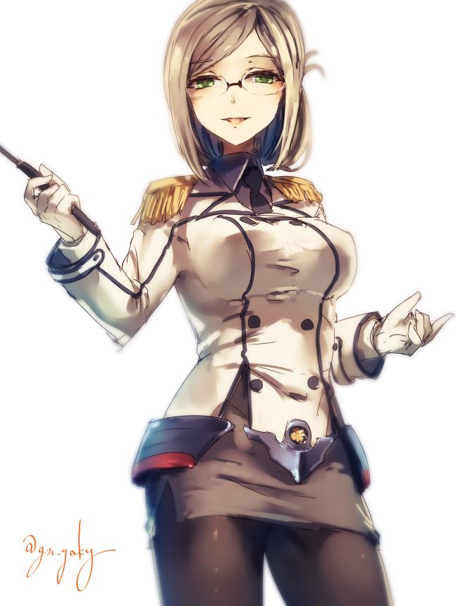 1girl breasts brown_legwear character_request contrapposto cowboy_shot double-breasted epaulettes eyebrows_visible_through_hair folded_ponytail glasses gloves green_eyes grey_hair grey_skirt holding kantai_collection kyouya_(mukuro238) large_breasts looking_at_viewer mole mole_under_mouth pantyhose pencil_skirt riding_crop rimless_eyewear round_eyewear short_hair simple_background skirt smile solo standing twitter_username white_background white_gloves