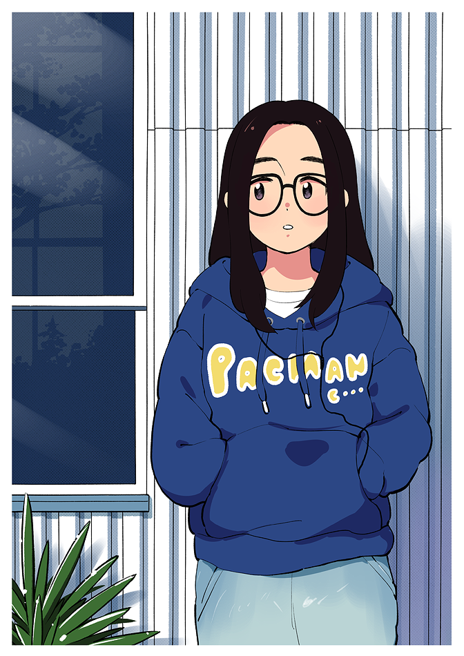 1girl 49s-aragon black_hair blue_hoodie copyright_name cowboy_shot drawstring expressionless glasses hands_in_pockets hood hood_down hoodie long_hair long_sleeves original pac-man pac-man_(game) parted_lips plant reflection solo window