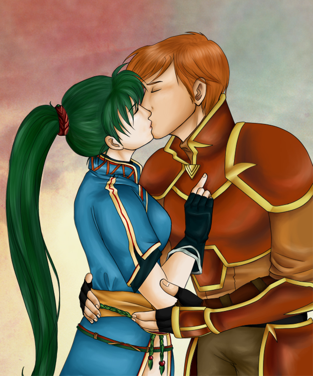 1boy 1girl armor closed_eyes couple cute fire_emblem fire_emblem:_rekka_no_ken fire_emblem:_the_blazing_blade fire_emblem_7 fire_emblem_blazing_sword gloves green_hair intelligent_systems kent_(fire_emblem) kiss kissing kiu227 long_hair love lyn_(fire_emblem) lyndis_(fire_emblem) nintendo orange_hair pelvic_curtain ponytail short_hair