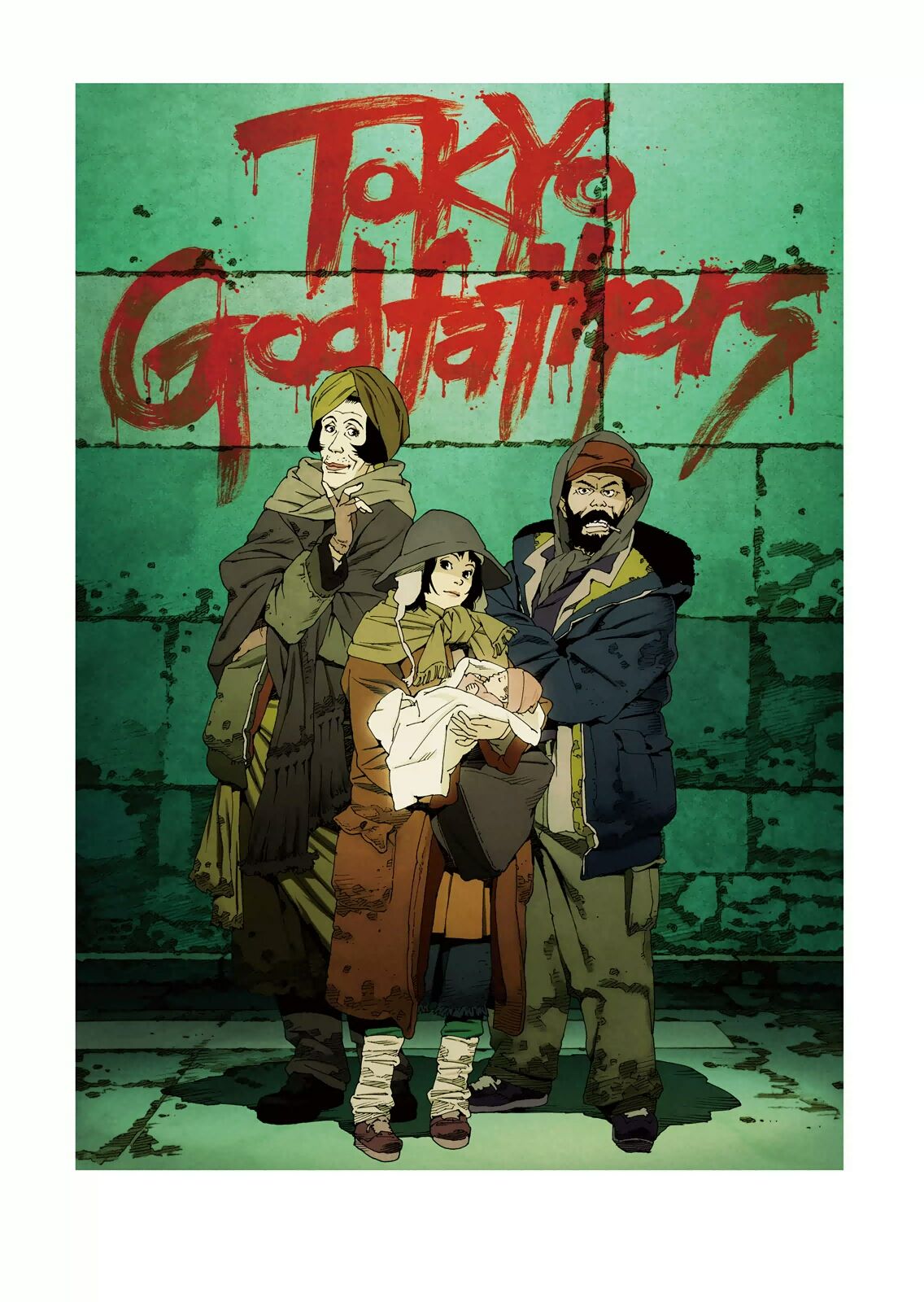 1girl 2boys baby beard black_hair border brown_eyes cigarette coat copyright_name facial_hair gin_(tokyo_godfathers) graffiti hana_(tokyo_godfathers) hat highres holding_baby jacket kiyoko_(tokyo_godfathers) kon_satoshi miyuki_(tokyo_godfathers) multiple_boys official_art scarf standing tokyo_godfathers wall white_border