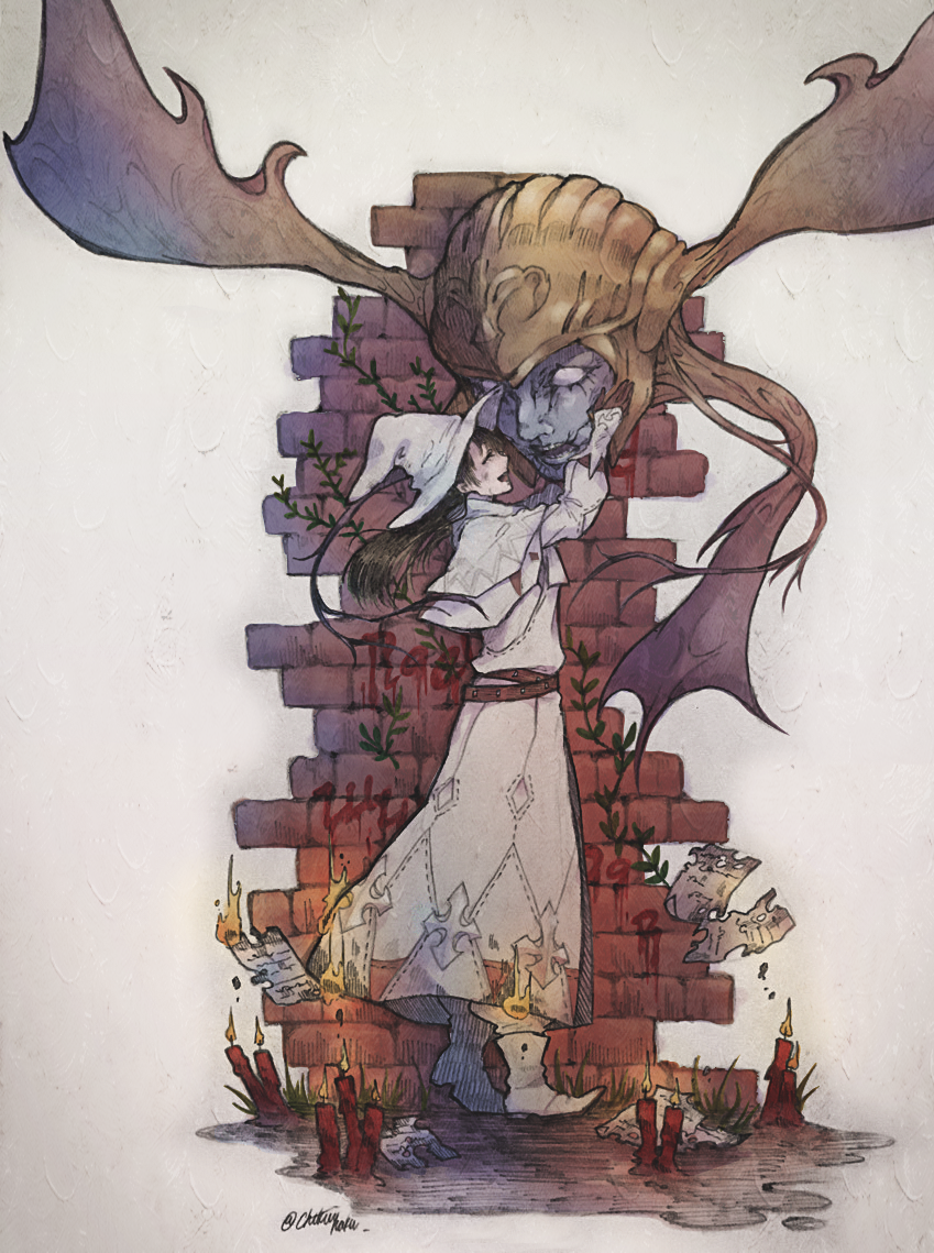 1girl belt blood brick_wall brown_gloves brown_hair burning burning_clothes burnt_clothes candle chikuihaku closed_eyes crack cracked_skin dripping final_fantasy final_fantasy_xiv fire flying gloves hat long_hair monster no_pupils open_eyes paper plant signature smile standing tail teeth vines white_headwear white_mage wings