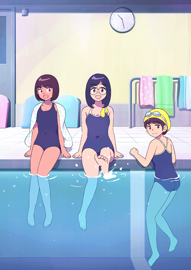 3girls 49s-aragon :d bangs bare_legs barefoot black_hair blue_swimsuit brown_hair clock competition_school_swimsuit covered_navel freckles full_body glasses goggles goggles_on_head hat medium_hair multiple_girls new_school_swimsuit one-piece_swimsuit open_mouth original partially_submerged pool poolside school_swimsuit short_hair sitting smile splashing swim_cap swimsuit towel yellow_headwear