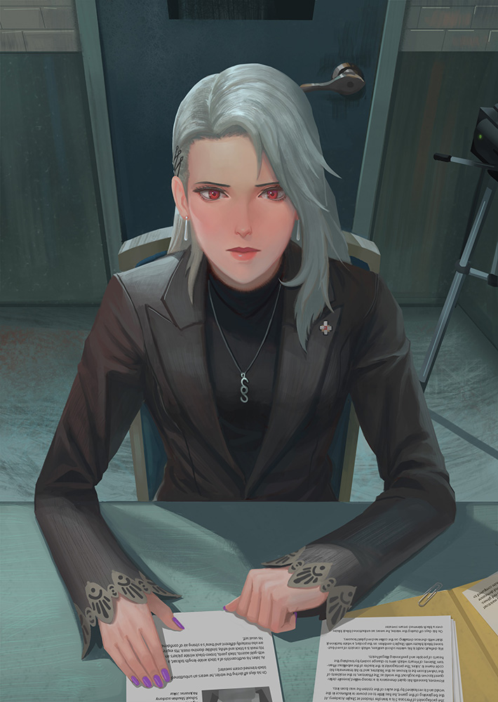 black_jacket black_shirt camera chair closed_mouth door doorknob earrings english_commentary folder hair_ornament hairpin indoors jacket jewelry long_hair long_sleeves looking_at_viewer necklace niijima_sae paper paperclip persona persona_5 red_eyes shirt silver_hair table yagaminoue