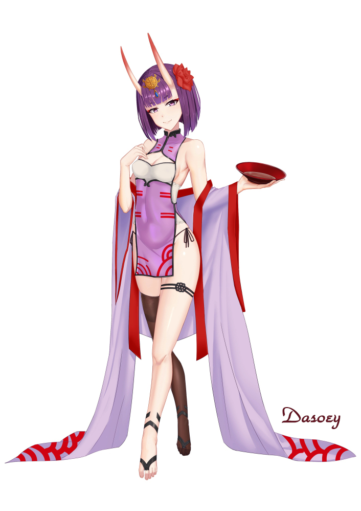 1girl alcohol alternate_costume bangs bare_shoulders barefoot_sandals bob_cut breasts china_dress chinese_clothes cleavage_cutout closed_mouth cup dasoey detached_sleeves dress eyeliner fate/grand_order fate_(series) flower full_body hair_flower hair_ornament headpiece horns japanese_clothes kimono legs long_sleeves looking_at_viewer makeup oni oni_horns pelvic_curtain purple_dress purple_hair purple_kimono sakazuki sake short_eyebrows short_hair shuten_douji_(fate/grand_order) side_slit simple_background single_thighhigh skin-covered_horns small_breasts smile solo thigh-highs violet_eyes white_background wide_sleeves