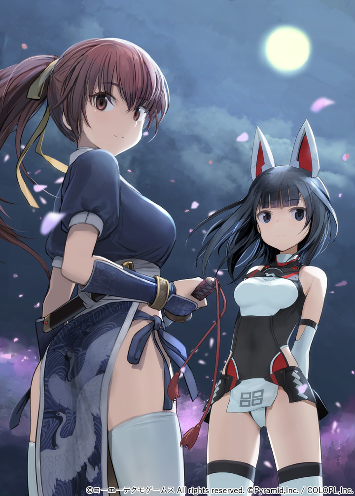 2girls agatsuma_kaede alice_gear_aegis bangs bare_shoulders black_eyes black_hair black_leotard blunt_bangs breasts brown_eyes brown_hair commentary_request covered_navel crossover dead_or_alive elbow_gloves full_moon gloves headgear high_ponytail kasumi_(doa) large_breasts leotard long_hair looking_at_viewer looking_back looking_down mechanical_ears medium_breasts moon multiple_girls night night_sky ninja official_art pelvic_curtain petals puffy_short_sleeves puffy_sleeves shimada_fumikane short_sleeves short_sword sky sleeveless sword tantou thigh-highs tied_hair weapon white_legwear wind