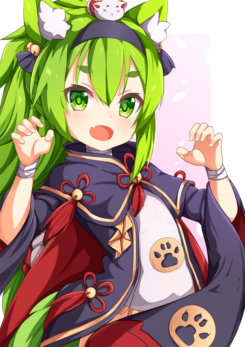 1girl :d ame. animal_ear_fluff animal_ears azur_lane bangs bell black_dress black_hairband claw_pose commentary_request dress eyebrows_visible_through_hair fang green_eyes green_hair hair_bell hair_between_eyes hair_ornament hairband hands_up highres isokaze_(azur_lane) jingle_bell long_hair long_sleeves on_head open_mouth short_eyebrows smile solo thick_eyebrows very_long_hair wide_sleeves x_x
