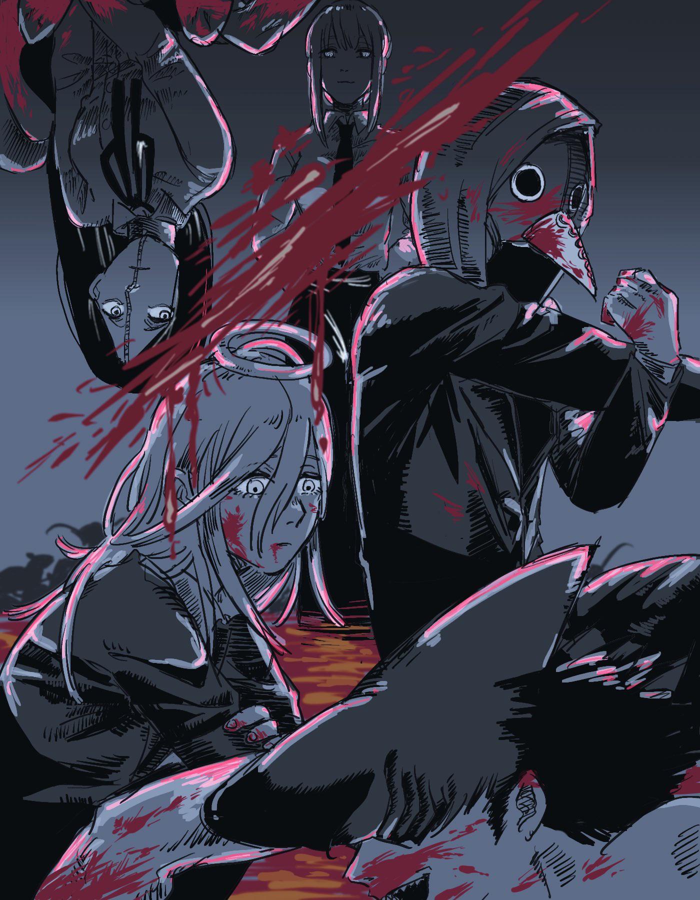 2girls 3boys angel armpits arms_behind_back black_hair blood chainsaw_man demon demon_boy demon_girl evil_smile expressionless formal glowing glowing_eyes grey_background halo highres hood hoodie laughing long_bangs long_hair looking_at_another looking_at_viewer looking_to_the_side makima_(chainsaw_man) mask multiple_boys multiple_girls necktie shark_boy shark_fin sharp_teeth smile spider_legs stretch teeth upside-down zipper