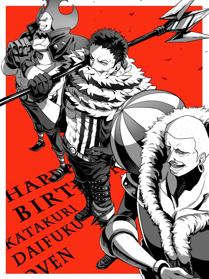 3boys abs bare_arms beard boots brothers buzz_cut cape character_name charlotte_daifuku charlotte_katakuri charlotte_oven chest closed_mouth collarbone cracking_knuckles earrings english_text facial_hair fang fang_out gloves greyscale grin hand_on_hip holding holding_weapon hoop_earrings impossible_hair jewelry living_(pixiv5031111) looking_afar male_focus medium_hair monochrome multiple_boys muscle mustache navel one_piece open_mouth over_shoulder pants pectorals polearm scar scarf shirtless shoes short_hair shoulder_pads siblings side-by-side smile spear spikes spot_color standing stitches stomach stomach_tattoo tattoo v-shaped_eyebrows very_short_hair vest weapon weapon_over_shoulder