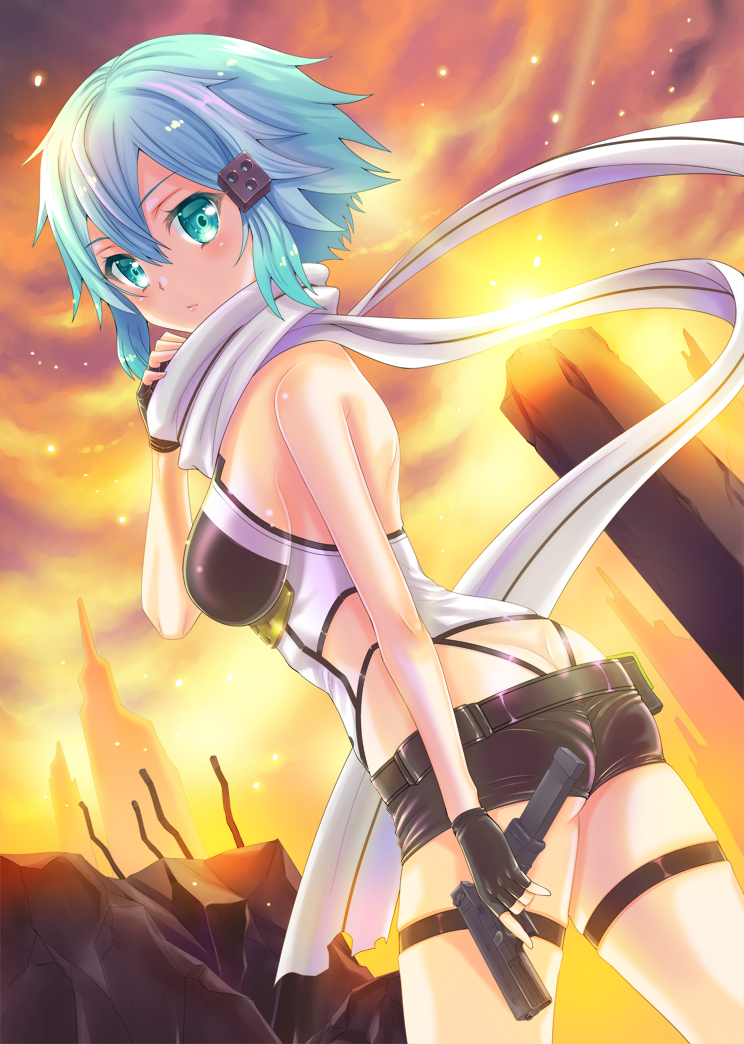 1girl aqua_eyes aqua_hair ass black_gloves black_shorts commentary_request cowboy_shot dutch_angle fingerless_gloves gloves hair_ornament hairclip holding_weapon leotard looking_at_viewer pgm_hecate_ii rock scarf short_hair short_shorts shorts sinon solo sword_art_online uonuma_yuu white_scarf