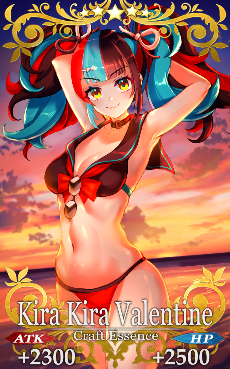 1girl arms_behind_head bangs black_bikini_top black_hair blue_hair blunt_bangs blush breasts card_(medium) choker clouds commentary_request cowboy_shot craft_essence eyebrows_visible_through_hair fate/grand_order fate_(series) foxy_rain hair_ornament hair_ribbon hairclip head_tilt highres long_hair looking_at_viewer midriff multicolored_hair navel ocean parody red_bikini_bottom redhead ribbon sailor_bikini sailor_collar sei_shounagon_(fate) small_breasts solo streaked_hair sunglasses sunset twintails two-tone_bikini