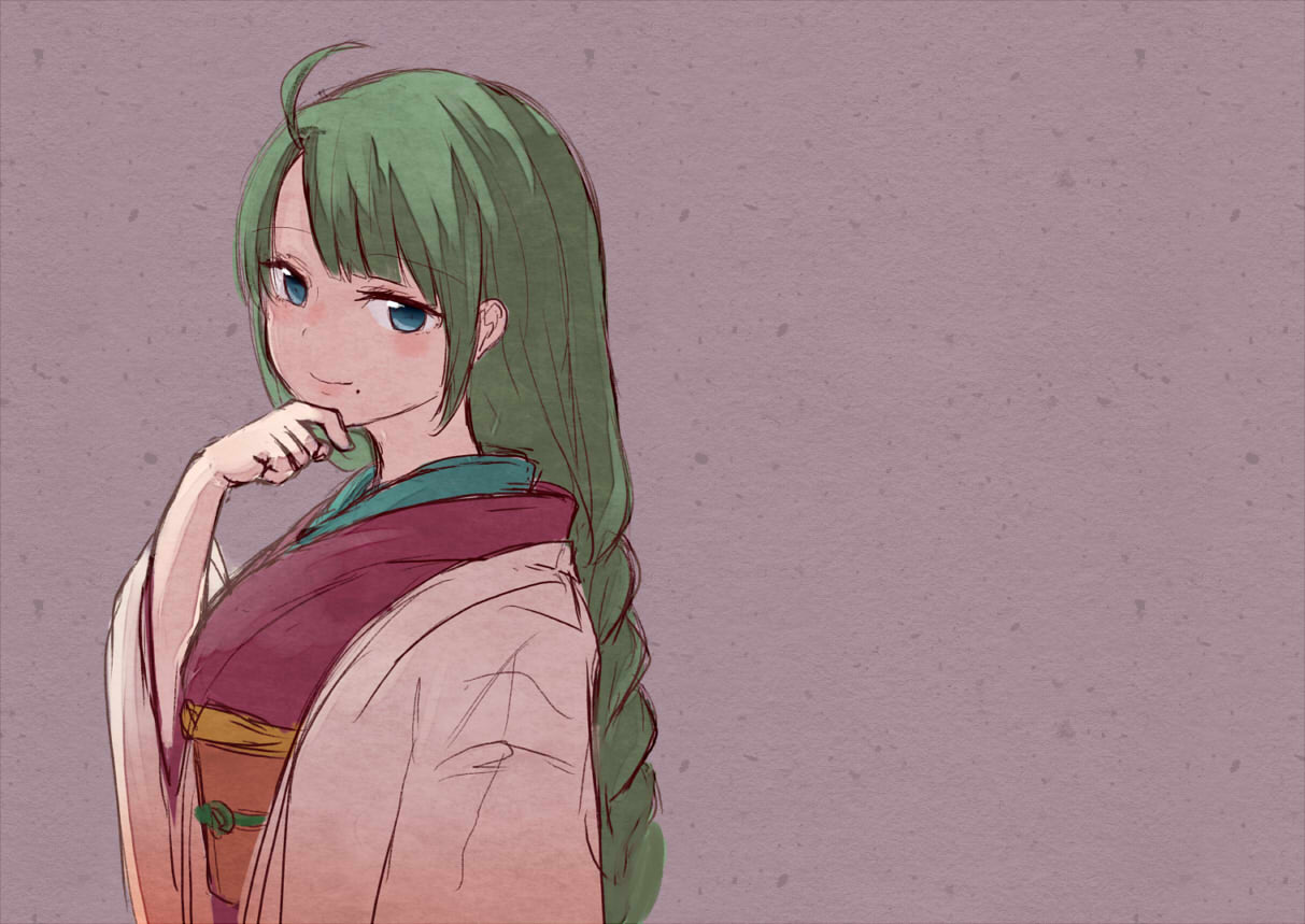 1girl adapted_costume braid brown_background commentary_request green_hair japanese_clothes kantai_collection kimono long_hair looking_at_viewer mole mole_under_mouth purple_kimono single_braid smile solo upper_body very_long_hair wss_(nicoseiga19993411) yuugumo_(kantai_collection)