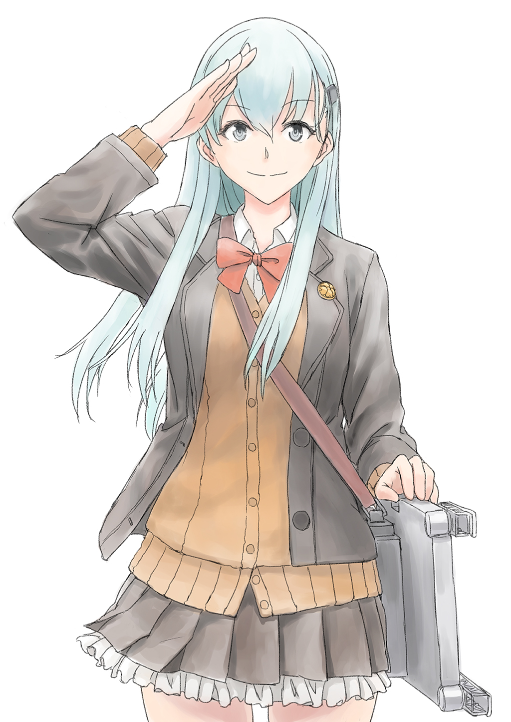 1girl aqua_hair bangs blazer breasts brown_jacket eyebrows_visible_through_hair grey_eyes hair_between_eyes hair_ornament hairclip highres jacket kantai_collection long_hair long_sleeves pleated_skirt red_neckwear salute school_uniform simple_background skirt smile solo suzuya_(kantai_collection) taruya white_background