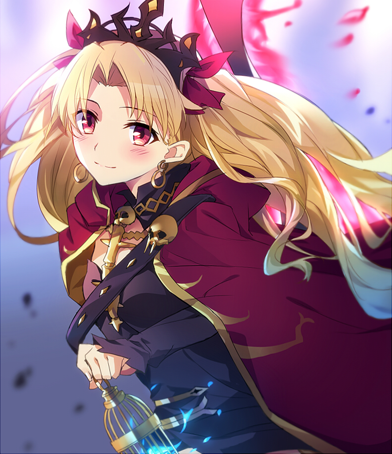 1girl bangs birdcage black_dress blonde_hair blue_fire blurry blurry_background blush breasts cage cape closed_mouth commentary_request depth_of_field dress earrings ereshkigal_(fate/grand_order) eyebrows_visible_through_hair fate/grand_order fate_(series) fire hair_ribbon hood hood_down hooded_cape infinity jewelry long_hair long_sleeves looking_at_viewer parted_bangs red_cape red_eyes red_ribbon ribbon skull sleeves_past_wrists small_breasts smile solo spine tiara tsuedzu two_side_up very_long_hair