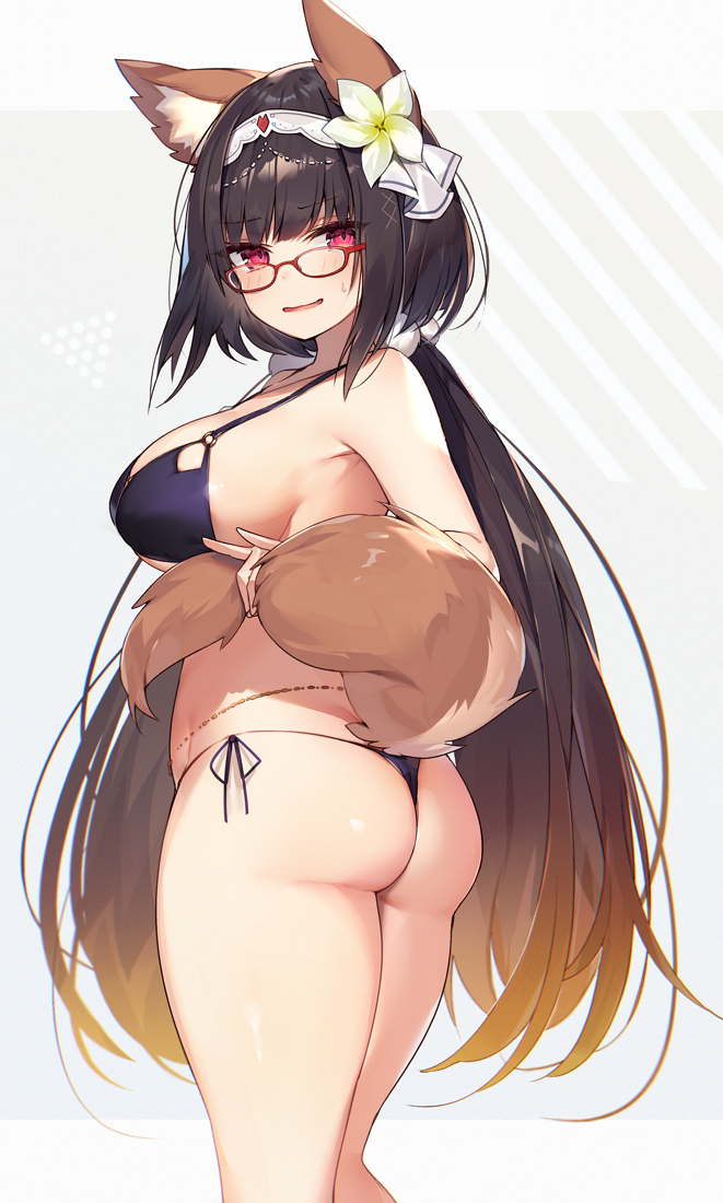 1girl animal_ear_fluff animal_ears ass bangs bare_shoulders bikini black_hair blush breasts eyebrows_visible_through_hair fate/grand_order fate_(series) flower fox_ears fox_tail from_behind glasses hair_flower hair_ornament lady_foxy large_breasts long_hair looking_back muryotaro osakabe-hime_(fate/grand_order) parted_lips red-framed_eyewear shiny shiny_clothes shiny_hair shiny_skin side-tie_bikini simple_background solo sweat sweatdrop swimsuit tail thighs thong_bikini violet_eyes x_hair_ornament
