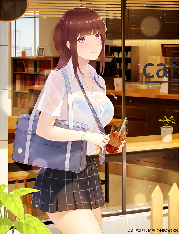 1girl ahoge alexiel_(pixiv6211566) bag bangs blue_bra blunt_bangs bookshelf bra bracelet breasts brown_hair cafe checkered checkered_skirt closed_mouth collared_shirt commentary_request counter cowboy_shot cup dress_shirt eyebrows_visible_through_hair glass holding holding_cup holding_tie jewelry large_breasts long_hair original plant school_bag school_uniform see-through shirt short_sleeves sidelocks skirt smile standing storefront thighs underwear undone_neckwear uniform violet_eyes wet wet_clothes white_shirt window