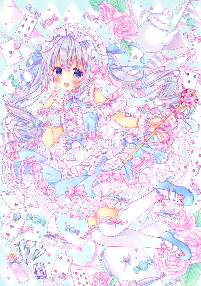 1girl :d alice_(wonderland) alice_in_wonderland argyle argyle_background bloomers blue_dress blue_footwear blue_ribbon blush book bottle bow candy card commentary_request cup dress drill_hair flower food frilled_dress frills full_body gem hair_ribbon hairband hand_to_own_mouth hand_up heart heart-shaped_gem heart_of_string lolita_fashion lolita_hairband lollipop long_hair looking_at_viewer marker_(medium) open_mouth original pearl petticoat pink_bow pink_flower pink_rose pinstripe_pattern playing_card potion puu_(kari---ume) ribbon ribbon_trim rose shoe_bow shoes silver_hair smile solo star string_of_flags striped striped_dress teacup teapot thigh-highs traditional_media twin_drills twintails underwear violet_eyes wand white_legwear wrapped_candy wrist_cuffs zettai_ryouiki