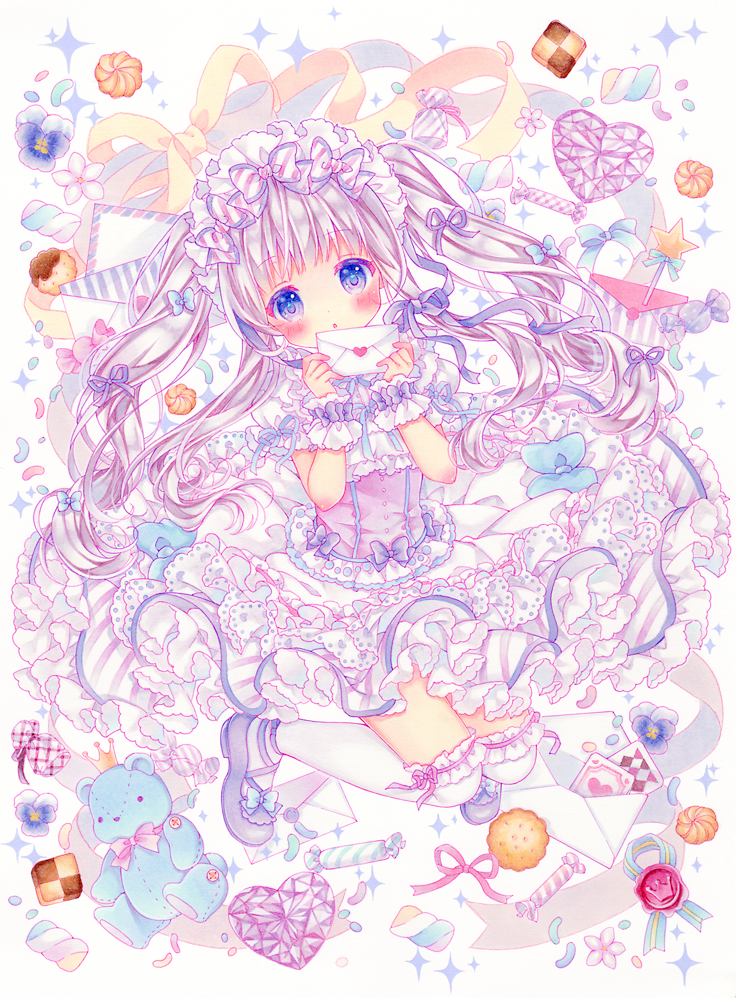 1girl blue_eyes blue_ribbon blush bow candy card checkerboard_cookie cookie dress envelope flower food frilled_dress frills full_body gem hair_bow hair_ribbon hairband hands_up heart heart-shaped_gem holding holding_letter jelly_bean jumping letter lolita_fashion lolita_hairband long_hair looking_at_viewer love_letter marker_(medium) marshmallow original pansy parted_lips petticoat playing_card puffy_short_sleeves puffy_sleeves purple_footwear puu_(kari---ume) ribbon shoe_bow shoes short_sleeves sidelocks solo sparkle striped stuffed_animal stuffed_toy teddy_bear thigh-highs traditional_media twintails wax_seal white_background white_dress white_hair white_legwear wrapped_candy wrist_cuffs