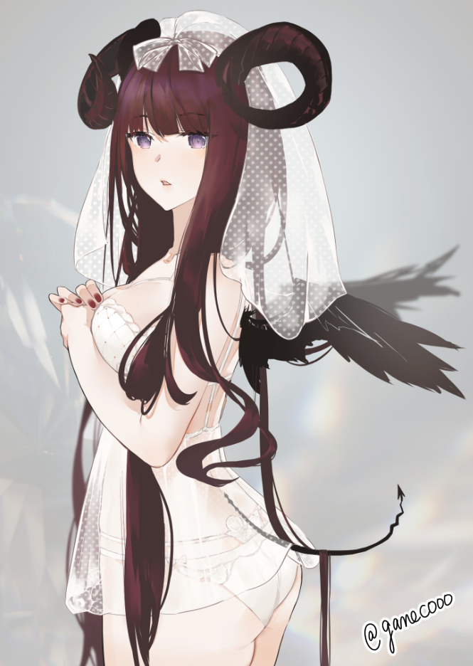 ass bangs black_wings blunt_bangs blurry blurry_background breasts cowboy_shot curled_horns demon_girl demon_horns demon_tail demon_wings depth_of_field eyebrows_visible_through_hair feathered_wings fingernails from_side grey_background horns large_breasts lingerie long_hair looking_at_viewer looking_back nello_(luminous_darkness) nightgown original own_hands_together panties parted_lips red_nails redhead standing tail twitter_username underwear veil very_long_hair violet_eyes white_panties wings