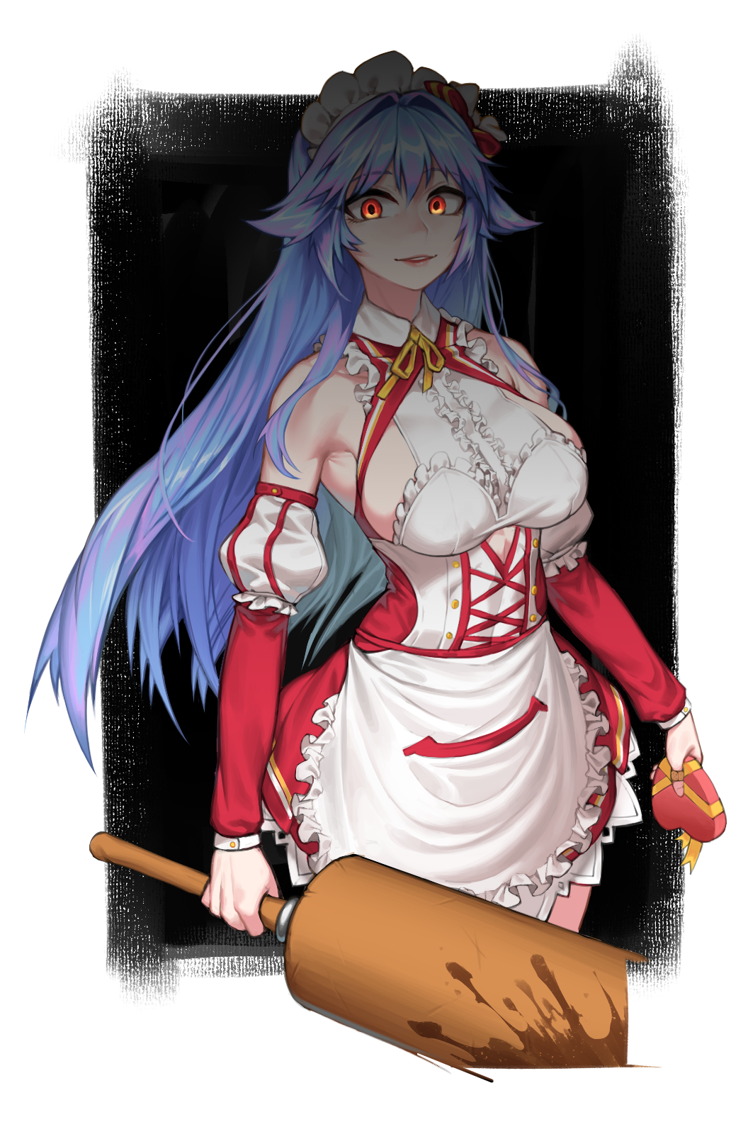 apron armpit_crease bandaid bandaid_on_finger bare_shoulders blood blue_hair bow breasts covered_navel covered_nipples detached_sleeves fingernails frills gift highres holding holding_gift large_breasts last_origin long_hair maid maid_apron maid_headdress orange_eyes parted_lips pink_lips pinkboy puffy_sleeves red_bow ribbon shaded_face smile striped striped_bow x-00_tiamat yandere yellow_neckwear yellow_ribbon