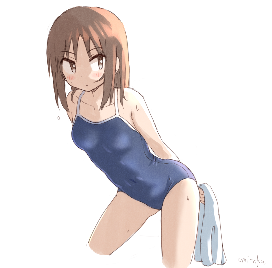 1girl bare_arms bare_shoulders blue_swimsuit blush breasts brown_eyes brown_hair closed_mouth collarbone commentary_request competition_school_swimsuit covered_navel cropped_legs eyebrows_visible_through_hair holding holding_towel leaning_forward long_hair new_school_swimsuit okano_kei parted_lips school_swimsuit signature simple_background small_breasts solo swimsuit towel umiroku v-shaped_eyebrows wet white_background yuyushiki