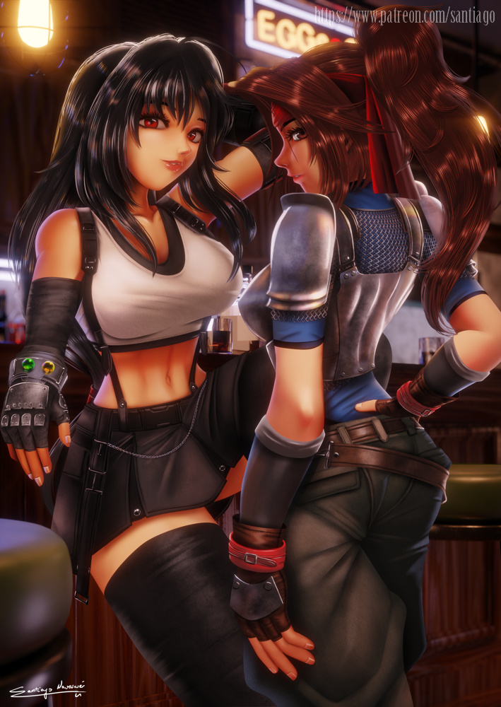 2girls 3d 3d_background armor ass back bar bar_stool black_hair black_legwear blender_(medium) boobplate breastplate brown_eyes brown_hair commentary crop_top elbow_gloves english_commentary final_fantasy final_fantasy_vii final_fantasy_vii_remake fingerless_gloves gloves headband jessie_(ff7) long_hair looking_at_viewer looking_back low-tied_long_hair materia melficexd multiple_girls navel parted_lips pleated_skirt ponytail red_headband shoulder_armor sitting skirt smile standing stomach stool suspenders thigh-highs tifa_lockhart