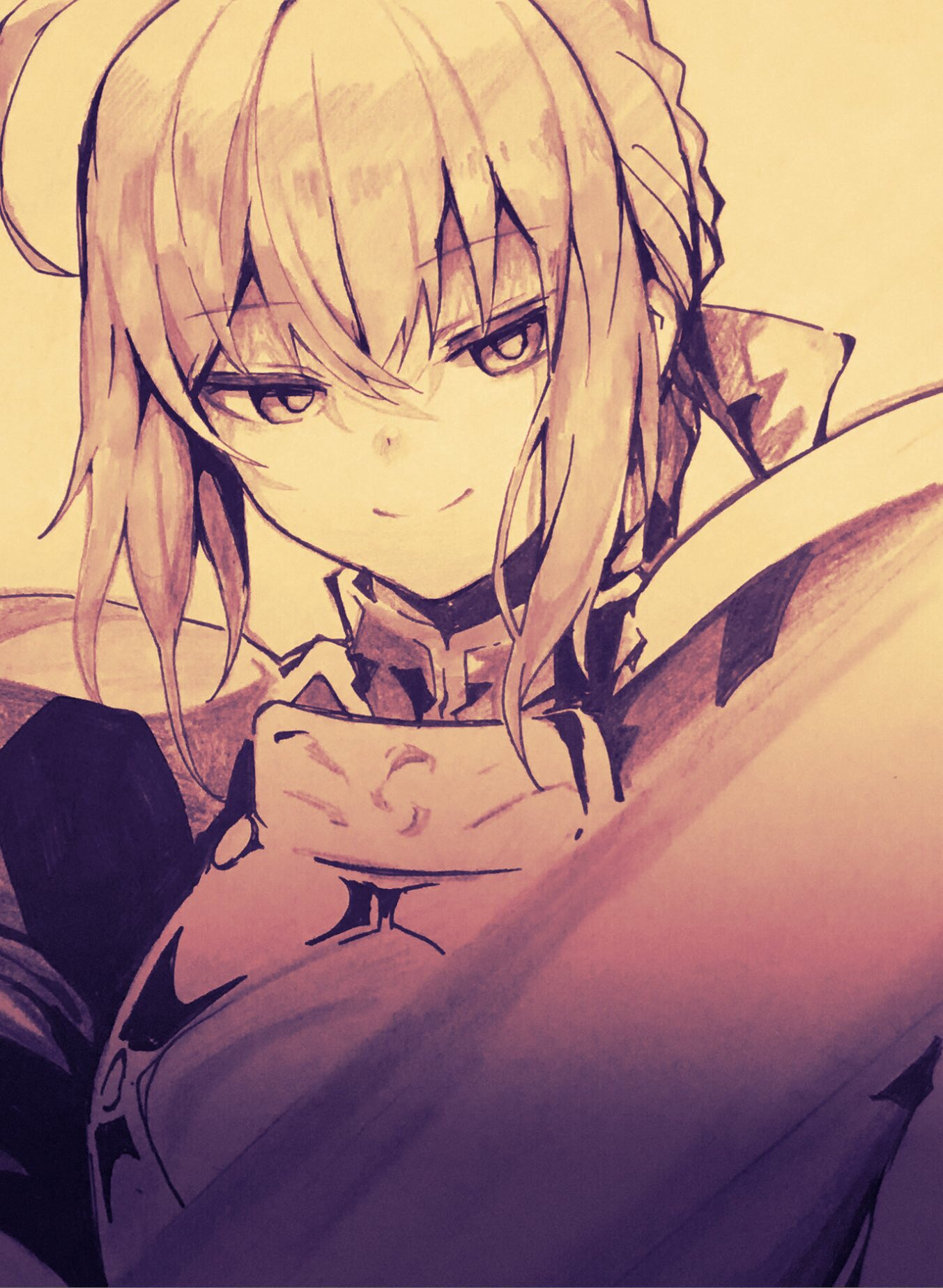 1girl amamitsu_kousuke armor artoria_pendragon_(all) bangs braid closed_mouth fate/stay_night fate_(series) french_braid greyscale half-closed_eyes highres ink_(medium) long_hair looking_at_viewer monochrome photo saber smile solo traditional_media