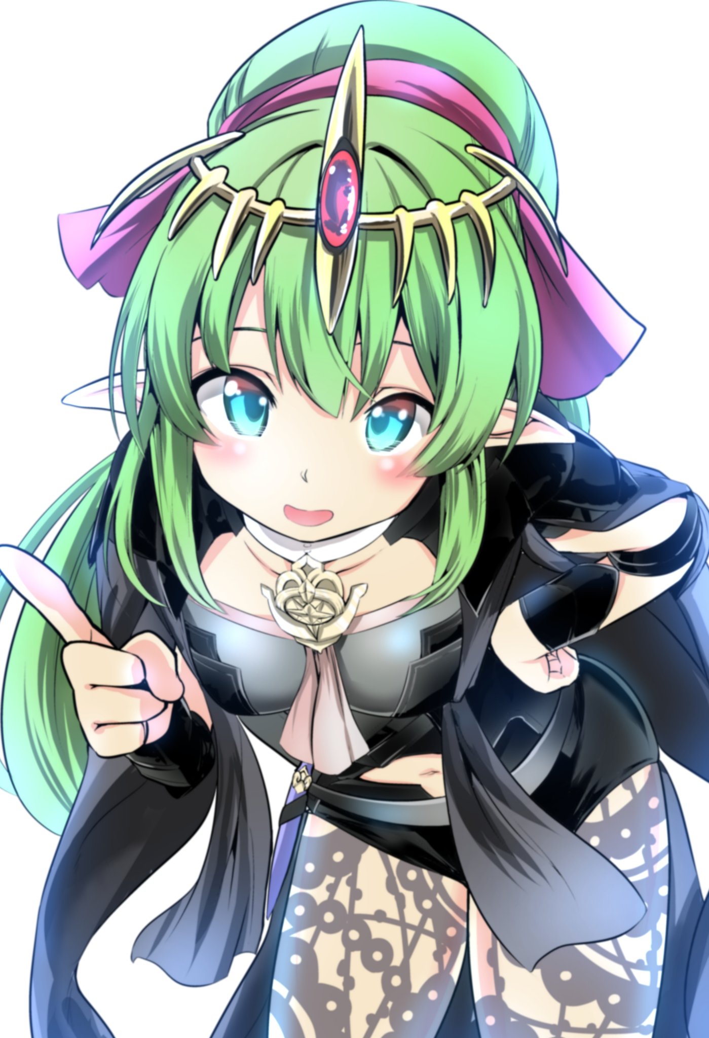 1girl armor byleth_(fire_emblem) byleth_eisner_(female) byleth_eisner_(female)_(cosplay) cosplay fire_emblem fire_emblem:_mystery_of_the_emblem fire_emblem:_three_houses green_eyes green_hair hahe highres leaning_forward long_hair navel_cutout open_mouth pantyhose pointy_ears ponytail solo tiara tiki_(fire_emblem)