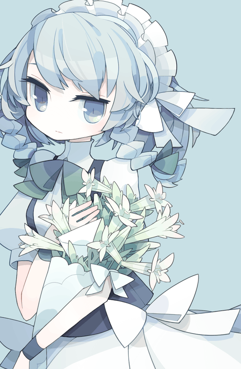 1girl album_cover apron black_vest bouquet bow bowtie braid cover flower green_bow green_neckwear grey_eyes grey_hair hair_bow hand_up high_collar holding holding_bouquet izayoi_sakuya lily_(flower) looking_at_viewer maid_headdress puffy_short_sleeves puffy_sleeves shirt short_hair_with_long_locks short_sleeves simple_background solo touhou twin_braids upper_body vest white_bow white_shirt wristband yokoe_(mealtime)