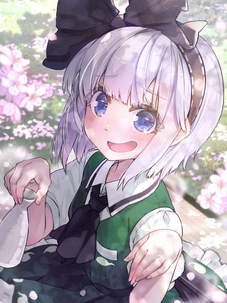 1girl :d ascot bangs black_hairband black_neckwear black_ribbon blue_eyes blush cherry_blossoms commentary_request eyebrows_visible_through_hair green_skirt green_vest hair_ribbon hairband hands_up holding konpaku_youmu looking_at_viewer open_mouth petals petticoat puffy_short_sleeves puffy_sleeves ribbon shirt short_hair short_sleeves silver_hair skirt skirt_set smile solo syuri22 tokkuri touhou upper_body vest white_shirt