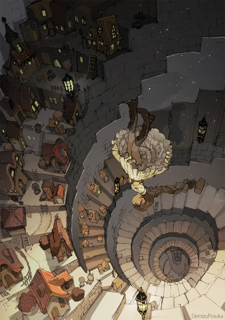 1girl artist_name boots braid brown_footwear brown_hair building commentary_request demizu_posuka dress fantasy frills highres lantern long_hair original solo spiral_staircase stairs upside-down upskirt village white_dress