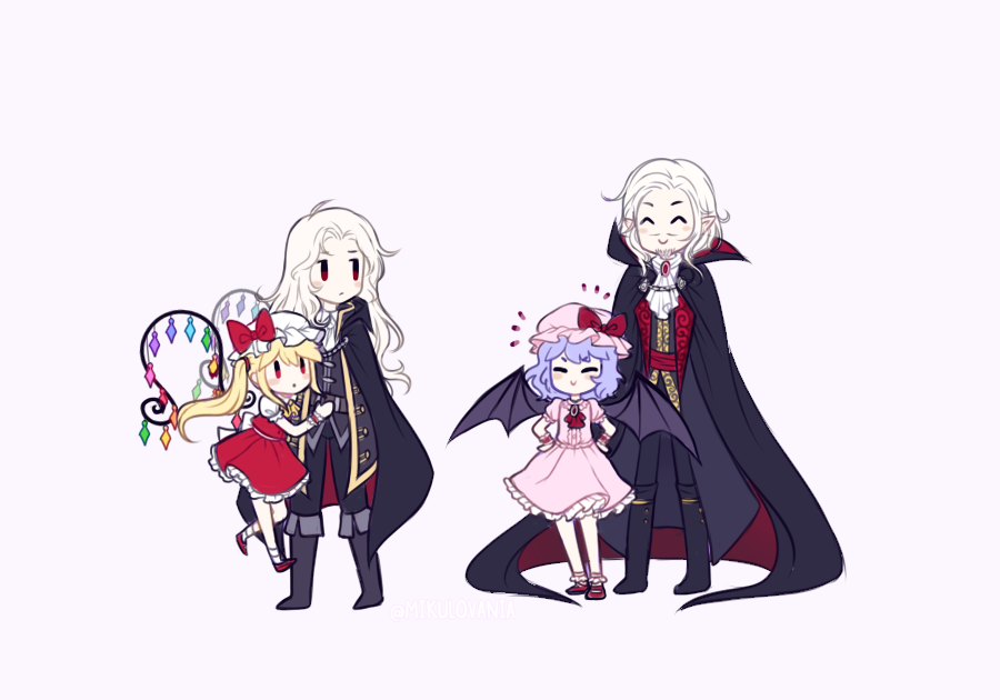 &gt;:) 2boys 2girls :&gt; :/ :o ^_^ ahoge alucard_(castlevania) ascot astroamoeba bat_wings belt black_cape black_jacket black_pants black_vest blonde_hair blue_hair blush_stickers boots brooch cape castlevania chibi clinging closed_eyes commentary crossover dracula_(castlevania) dress english_commentary facial_hair flandre_scarlet frills full_body grey_background hands_on_hips jacket jewelry long_hair multiple_boys multiple_girls mustache pants pink_dress pointy_ears red_eyes red_footwear red_neckwear remilia_scarlet short_hair side_ponytail skirt skirt_set smile smug socks touhou v-shaped_eyebrows very_long_hair vest white_neckwear wings wrist_cuffs yellow_neckwear