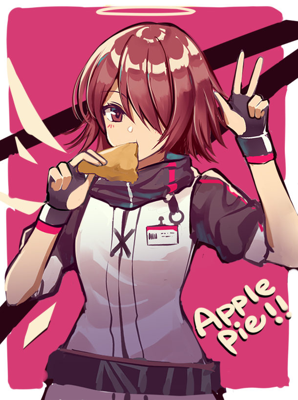 1girl apple_pie arknights black_gloves blush breasts cowboy_shot detached_wings eating english_commentary english_text exusiai_(arknights) fingerless_gloves gloves hair_over_one_eye halo jacket k.k_(pixiv) looking_at_viewer name_tag pink_background red_eyes redhead short_hair short_sleeves simple_background small_breasts solo turtleneck v white_jacket wings