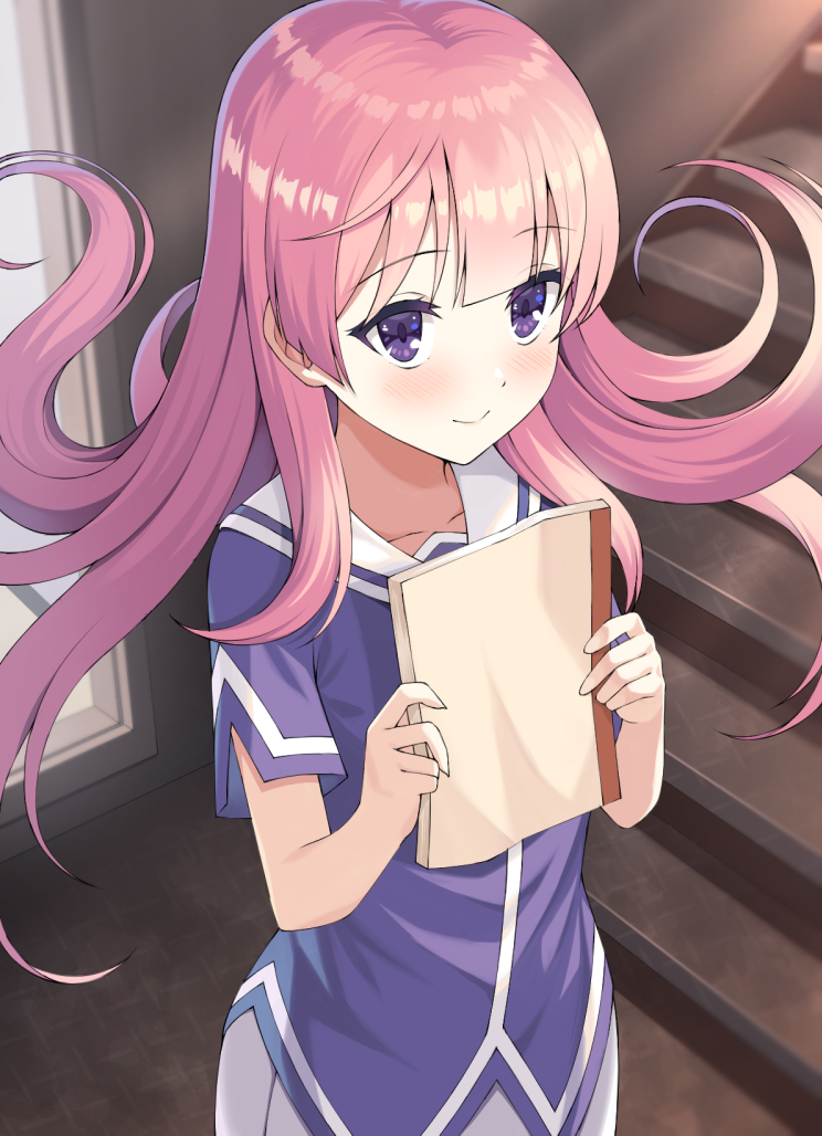 1girl a-1_pictures atsuyah0310 bangs closed_mouth collarbone cute eyebrows_visible_through_hair floating_hair fuyuumi_ai hair_between_eyes holding indoors long_hair ore_no_kanojo_to_osananajimi_ga_shuraba_sugiru pink_hair purple_shirt sailor_collar shiny shiny_hair shirt short_sleeves smile softbank_creative solo square_enix stairs standing very_long_hair violet_eyes white_sailor_collar