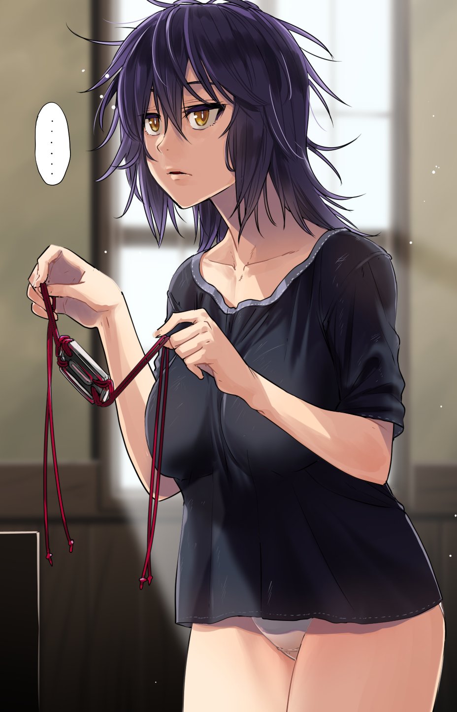 ... 1girl bangs black_shirt breasts eyepatch eyepatch_removed hair_between_eyes highres holding ifuji_shinsen indoors kantai_collection large_breasts light_particles medium_hair messy_hair open_mouth panties parted_lips purple_hair shirt short_sleeves solo speech_bubble spoken_ellipsis tenryuu_(kantai_collection) underwear white_panties window yellow_eyes