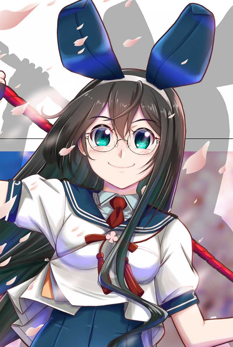 1girl adapted_costume animal_ears black_hair blue_eyes blue_leotard blue_sailor_collar blue_shirt breasts bunnysuit dress_shirt fake_animal_ears glasses kantai_collection leotard long_hair looking_at_viewer mokerou necktie ooyodo_(kantai_collection) rabbit_ears red_neckwear sailor_collar school_uniform semi-rimless_eyewear serafuku shirt short_sleeves small_breasts solo stick under-rim_eyewear upper_body