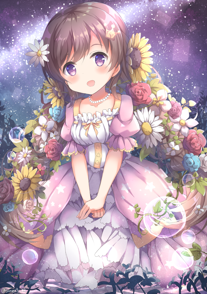 1girl air_bubble blush breasts brown_hair bubble collarbone commentary_request crown_hair_ornament dress eyebrows_visible_through_hair flower hair_between_eyes hair_flower hair_ornament hands_together jewelry layered_dress looking_at_viewer necklace niwasane_(saneatsu03) open_mouth original pink_dress short_sleeves sky small_breasts solo star star_(sky) star_print starry_sky twintails violet_eyes white_dress