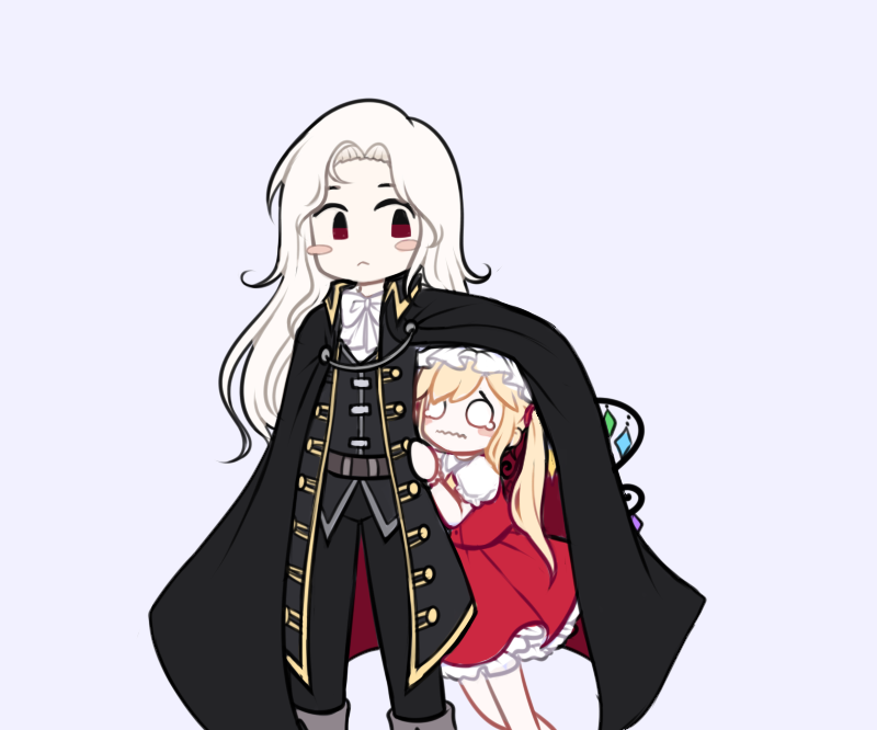 1boy 1girl :&lt; alucard_(castlevania) ascot astroamoeba black_cape black_jacket black_pants black_vest blonde_hair blush_stickers boots cape castlevania chibi cowboy_shot crossover flandre_scarlet frills grey_background hat jacket leaning_on_person long_hair mob_cap o_o pants red_eyes scared side_ponytail simple_background touhou very_long_hair vest wavy_mouth white_hair white_neckwear wings wrist_cuffs yellow_neckwear